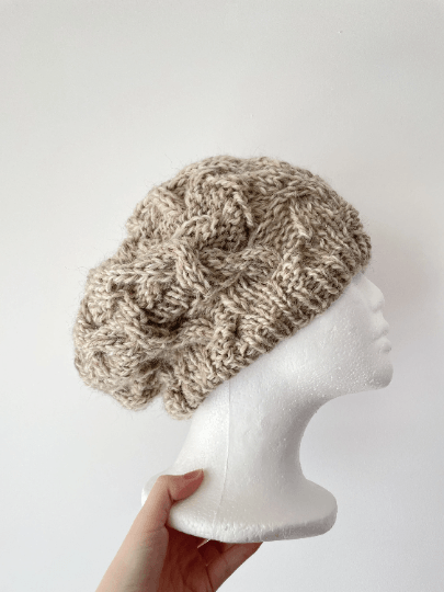 Handknit Cable Slouchy Beanie | Knit alpaca blend Beret | Slouchy Hat in biege mix colour| Knit beanie fluffy cozy winter hat - TuttyKnitty