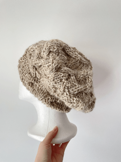 Handknit Cable Slouchy Beanie | Knit alpaca blend Beret | Slouchy Hat in biege mix colour| Knit beanie fluffy cozy winter hat - TuttyKnitty