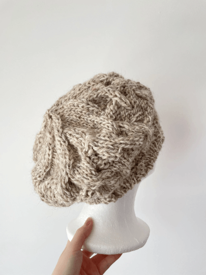 Handknit Cable Slouchy Beanie | Knit alpaca blend Beret | Slouchy Hat in biege mix colour| Knit beanie fluffy cozy winter hat - TuttyKnitty