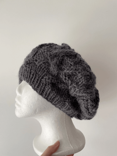 Handknit Cable Slouchy Beanie | Knit alpaca blend Beret | Slouchy Hat in grey cream colour| Knit beanie fluffy cozy winter hat - TuttyKnitty