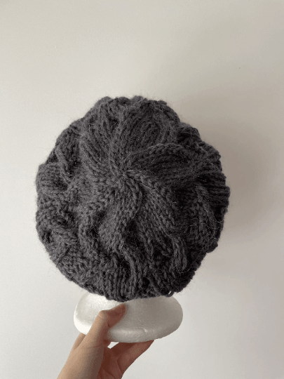 Handknit Cable Slouchy Beanie | Knit alpaca blend Beret | Slouchy Hat in grey cream colour| Knit beanie fluffy cozy winter hat - TuttyKnitty