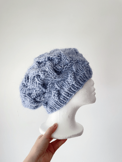 Handknit Cable Slouchy Beanie | Knit Beret | Slouchy Hat in blue colour| Knit beanie in ice blue | Fluffy and cozy winter hat - TuttyKnitty