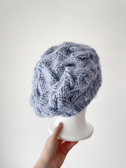 Handknit Cable Slouchy Beanie | Knit Beret | Slouchy Hat in blue colour| Knit beanie in ice blue | Fluffy and cozy winter hat - TuttyKnitty