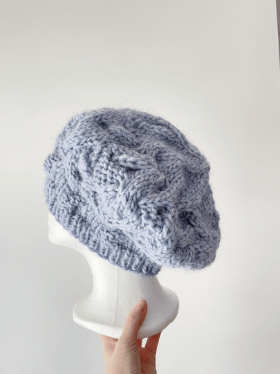 Handknit Cable Slouchy Beanie | Knit Beret | Slouchy Hat in blue colour| Knit beanie in ice blue | Fluffy and cozy winter hat - TuttyKnitty