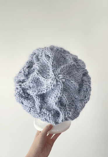 Handknit Cable Slouchy Beanie | Knit Beret | Slouchy Hat in blue colour| Knit beanie in ice blue | Fluffy and cozy winter hat - TuttyKnitty