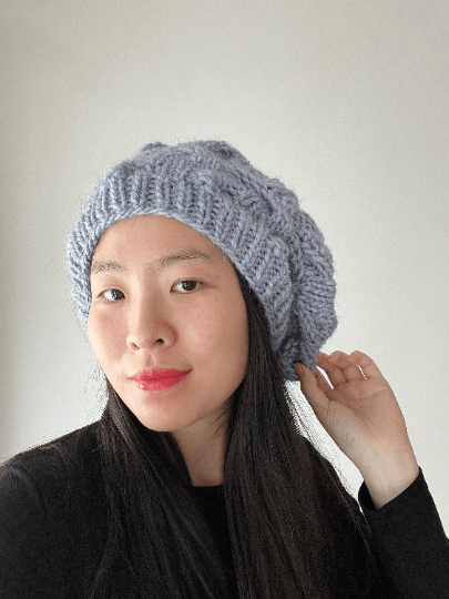 Handknit Cable Slouchy Beanie | Knit Beret | Slouchy Hat in blue colour| Knit beanie in ice blue | Fluffy and cozy winter hat - TuttyKnitty