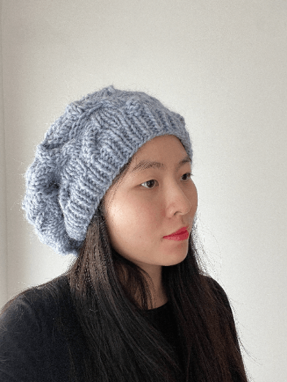 Handknit Cable Slouchy Beanie | Knit Beret | Slouchy Hat in blue colour| Knit beanie in ice blue | Fluffy and cozy winter hat - TuttyKnitty