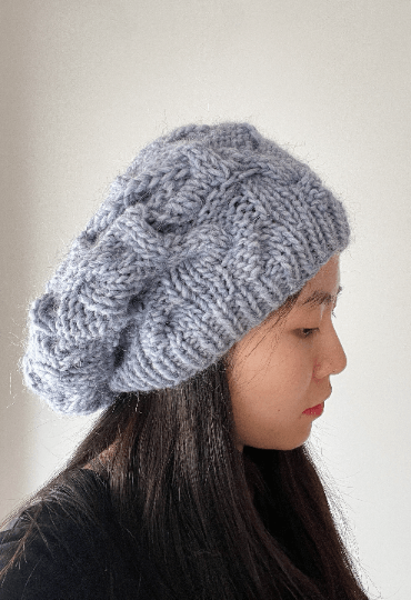 Handknit Cable Slouchy Beanie | Knit Beret | Slouchy Hat in blue colour| Knit beanie in ice blue | Fluffy and cozy winter hat - TuttyKnitty