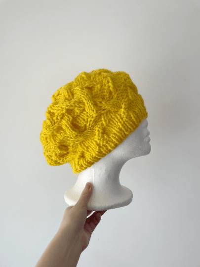 Handknit Cable Slouchy Beanie | Knit Beret | Slouchy Hat in bright yellow | Knit beanie fluffy alpaca cozy winter hat - TuttyKnitty