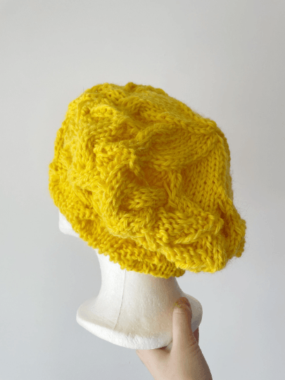 Handknit Cable Slouchy Beanie | Knit Beret | Slouchy Hat in bright yellow | Knit beanie fluffy alpaca cozy winter hat - TuttyKnitty