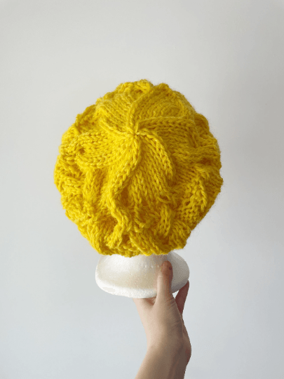 Handknit Cable Slouchy Beanie | Knit Beret | Slouchy Hat in bright yellow | Knit beanie fluffy alpaca cozy winter hat - TuttyKnitty