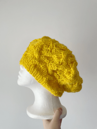 Handknit Cable Slouchy Beanie | Knit Beret | Slouchy Hat in bright yellow | Knit beanie fluffy alpaca cozy winter hat - TuttyKnitty