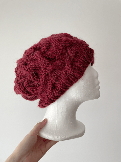 Handknit Cable Slouchy Beanie | Knit Beret | Slouchy Hat in burgundy colour| Knit beanie fluffy alpaca cozy winter hat - TuttyKnitty