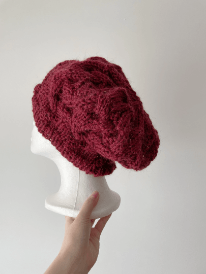 Handknit Cable Slouchy Beanie | Knit Beret | Slouchy Hat in burgundy colour| Knit beanie fluffy alpaca cozy winter hat - TuttyKnitty