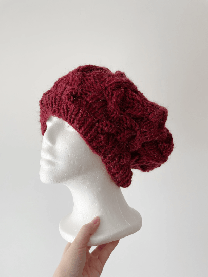 Handknit Cable Slouchy Beanie | Knit Beret | Slouchy Hat in burgundy colour| Knit beanie fluffy alpaca cozy winter hat - TuttyKnitty