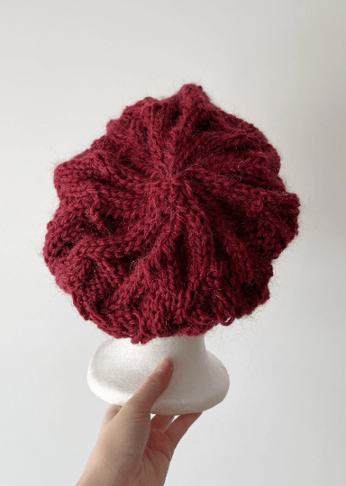 Handknit Cable Slouchy Beanie | Knit Beret | Slouchy Hat in burgundy colour| Knit beanie fluffy alpaca cozy winter hat - TuttyKnitty