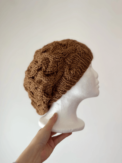 knitted alpaca blend cable slouchy beanie in cashew 