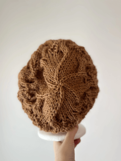 Handknit Cable Slouchy Beanie | Knit Beret | Slouchy Hat in cashew brown | Knit beanie fluffy cozy winter hat - TuttyKnitty