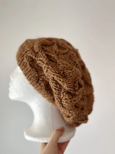 Handknit Cable Slouchy Beanie | Knit Beret | Slouchy Hat in cashew brown | Knit beanie fluffy cozy winter hat - TuttyKnitty