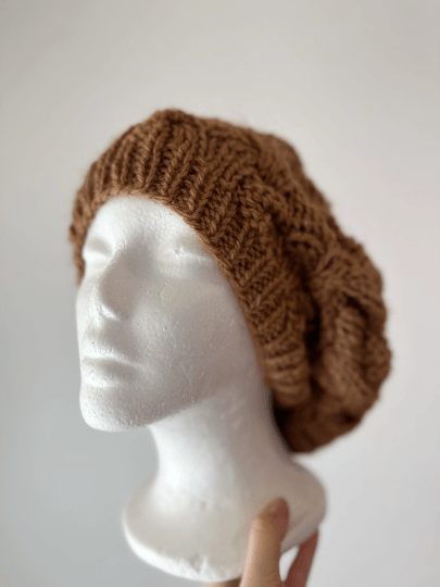 Handknit Cable Slouchy Beanie | Knit Beret | Slouchy Hat in cashew brown | Knit beanie fluffy cozy winter hat - TuttyKnitty