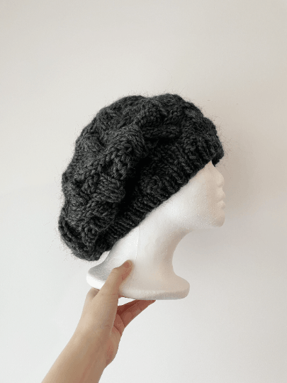 Handknit Cable Slouchy Beanie | Knit Beret | Slouchy Hat in charcoal | Knit beanie in dark grey | Fluffy cozy winter hat - TuttyKnitty