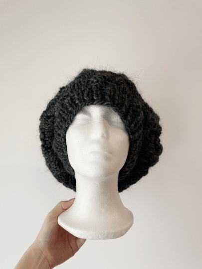 Handknit Cable Slouchy Beanie | Knit Beret | Slouchy Hat in charcoal | Knit beanie in dark grey | Fluffy cozy winter hat - TuttyKnitty