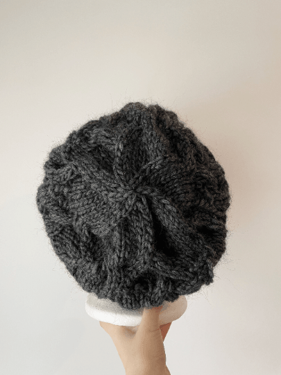 Handknit Cable Slouchy Beanie | Knit Beret | Slouchy Hat in charcoal | Knit beanie in dark grey | Fluffy cozy winter hat - TuttyKnitty