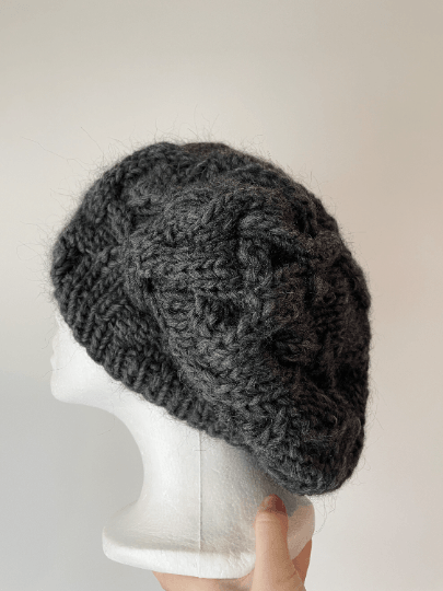 Handknit Cable Slouchy Beanie | Knit Beret | Slouchy Hat in charcoal | Knit beanie in dark grey | Fluffy cozy winter hat - TuttyKnitty