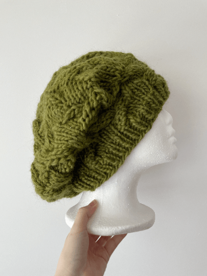 Handknit Cable Slouchy Beanie | Knit Beret | Slouchy Hat in green colour| Knit beanie in dark moss green | Fluffy and cozy winter hat - TuttyKnitty