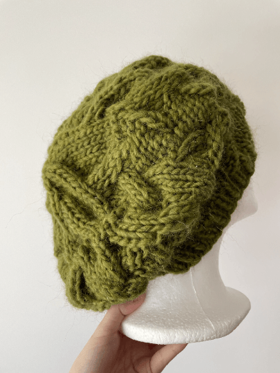 Handknit Cable Slouchy Beanie | Knit Beret | Slouchy Hat in green colour| Knit beanie in dark moss green | Fluffy and cozy winter hat - TuttyKnitty