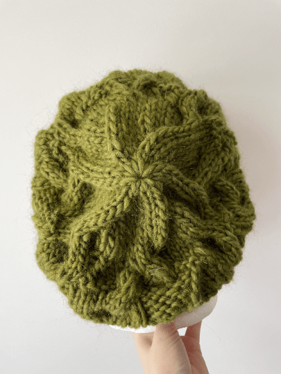 Handknit Cable Slouchy Beanie | Knit Beret | Slouchy Hat in green colour| Knit beanie in dark moss green | Fluffy and cozy winter hat - TuttyKnitty