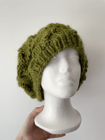 Handknit Cable Slouchy Beanie | Knit Beret | Slouchy Hat in green colour| Knit beanie in dark moss green | Fluffy and cozy winter hat - TuttyKnitty