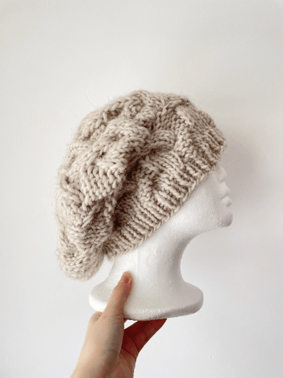 Handknit Cable Slouchy Beanie | Knit Beret | Slouchy Hat in light beige | Knit beanie in beige | Fluffy cozy winter hat - TuttyKnitty