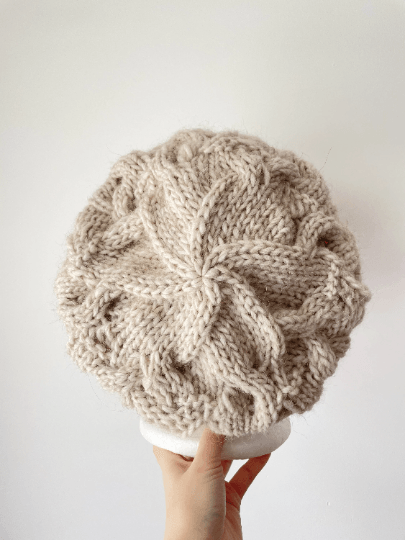 Handknit Cable Slouchy Beanie | Knit Beret | Slouchy Hat in light beige | Knit beanie in beige | Fluffy cozy winter hat - TuttyKnitty