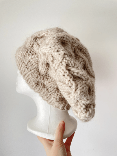 Handknit Cable Slouchy Beanie | Knit Beret | Slouchy Hat in light beige | Knit beanie in beige | Fluffy cozy winter hat - TuttyKnitty