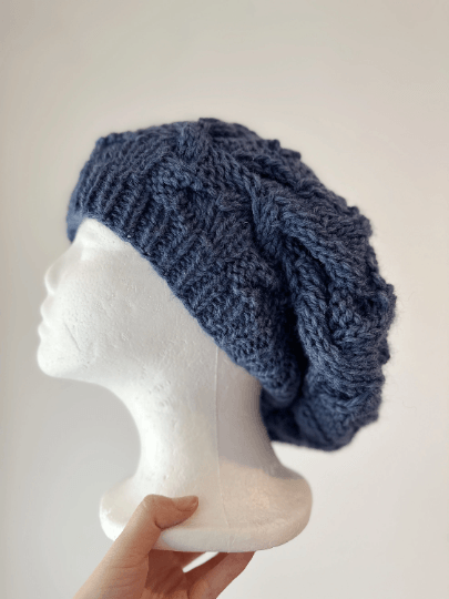 Handknit Cable Slouchy Beanie | Knit Beret | Slouchy Hat in navy | Knit beanie fluffy alpaca cozy winter hat - TuttyKnitty