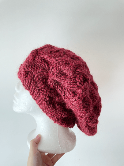 Handknit Cable Slouchy Beanie | Knit Beret | Slouchy Hat in red colour| Knit beanie in burgundy | Fluffy and cozy winter hat - TuttyKnitty