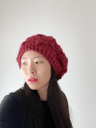 Handknit Cable Slouchy Beanie | Knit Beret | Slouchy Hat in red colour| Knit beanie in burgundy | Fluffy and cozy winter hat - TuttyKnitty