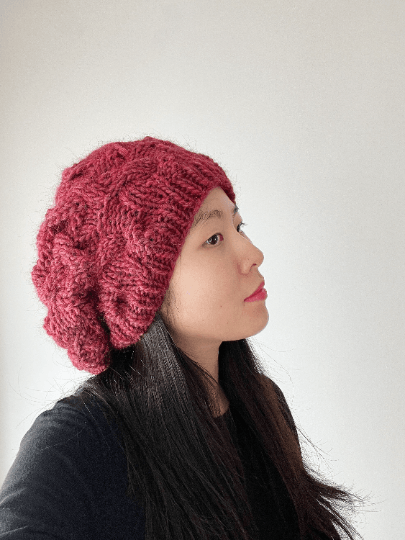 Handknit Cable Slouchy Beanie | Knit Beret | Slouchy Hat in red colour| Knit beanie in burgundy | Fluffy and cozy winter hat - TuttyKnitty