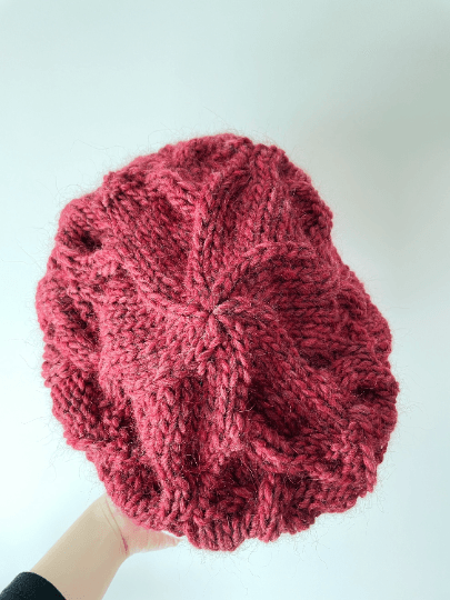 Handknit Cable Slouchy Beanie | Knit Beret | Slouchy Hat in red colour| Knit beanie in burgundy | Fluffy and cozy winter hat - TuttyKnitty