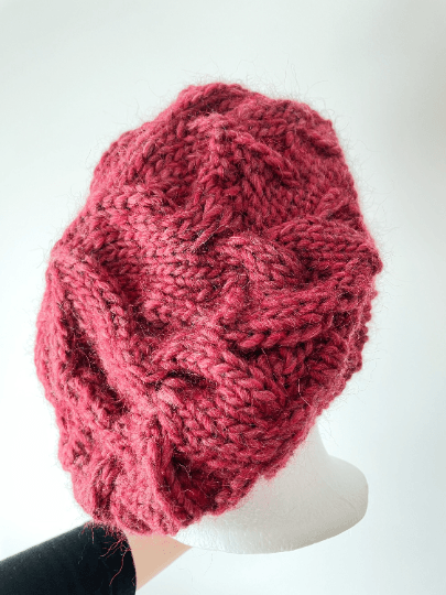 Handknit Cable Slouchy Beanie | Knit Beret | Slouchy Hat in red colour| Knit beanie in burgundy | Fluffy and cozy winter hat - TuttyKnitty