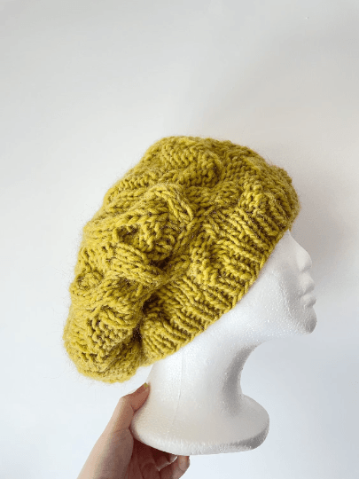 Handknit Cable Slouchy Beanie | Knit Beret | Slouchy Hat in yellow Knit beanie in chartreuse | Fluffy and cozy winter hat - TuttyKnitty