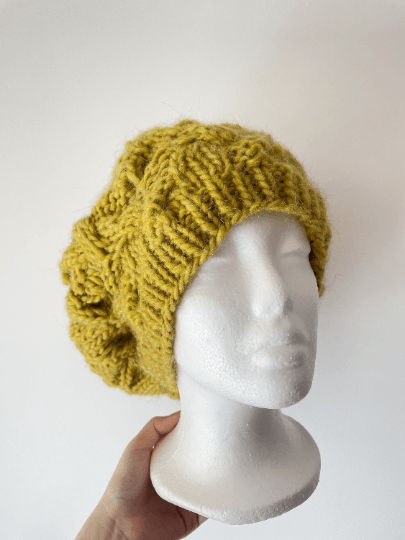 Handknit Cable Slouchy Beanie | Knit Beret | Slouchy Hat in yellow Knit beanie in chartreuse | Fluffy and cozy winter hat - TuttyKnitty