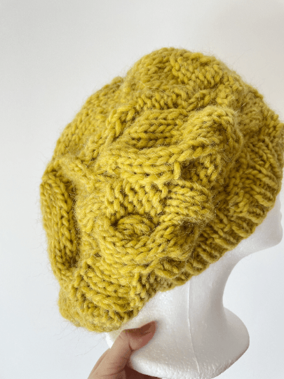 Handknit Cable Slouchy Beanie | Knit Beret | Slouchy Hat in yellow Knit beanie in chartreuse | Fluffy and cozy winter hat - TuttyKnitty