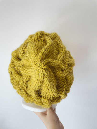 Handknit Cable Slouchy Beanie | Knit Beret | Slouchy Hat in yellow Knit beanie in chartreuse | Fluffy and cozy winter hat - TuttyKnitty