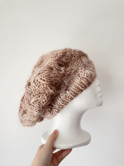 Handknit Cable Slouchy Beanie | Knit Beret |Slouchy Hat in beige brown mix colour| Knit beanie in earth tone |Fluffy chunky cozy winter hat - TuttyKnitty