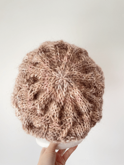 Handknit Cable Slouchy Beanie | Knit Beret |Slouchy Hat in beige brown mix colour| Knit beanie in earth tone |Fluffy chunky cozy winter hat - TuttyKnitty