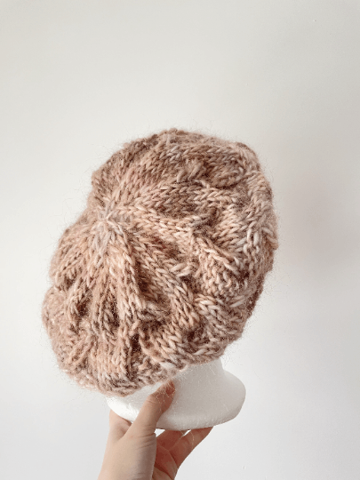 Handknit Cable Slouchy Beanie | Knit Beret |Slouchy Hat in beige brown mix colour| Knit beanie in earth tone |Fluffy chunky cozy winter hat - TuttyKnitty