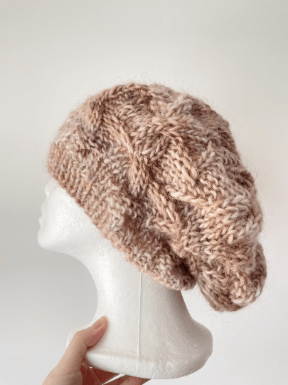 Handknit Cable Slouchy Beanie | Knit Beret |Slouchy Hat in beige brown mix colour| Knit beanie in earth tone |Fluffy chunky cozy winter hat - TuttyKnitty