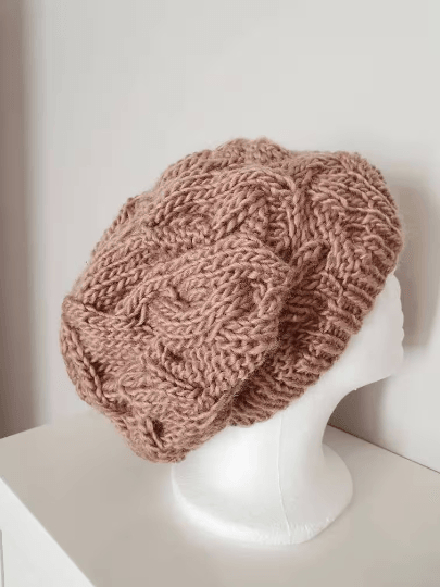 Handknit Cable Slouchy Beanie - Slouchy Hat - Knit Beret - Earthy colour knit Beret - Natural soft beanie - TuttyKnitty